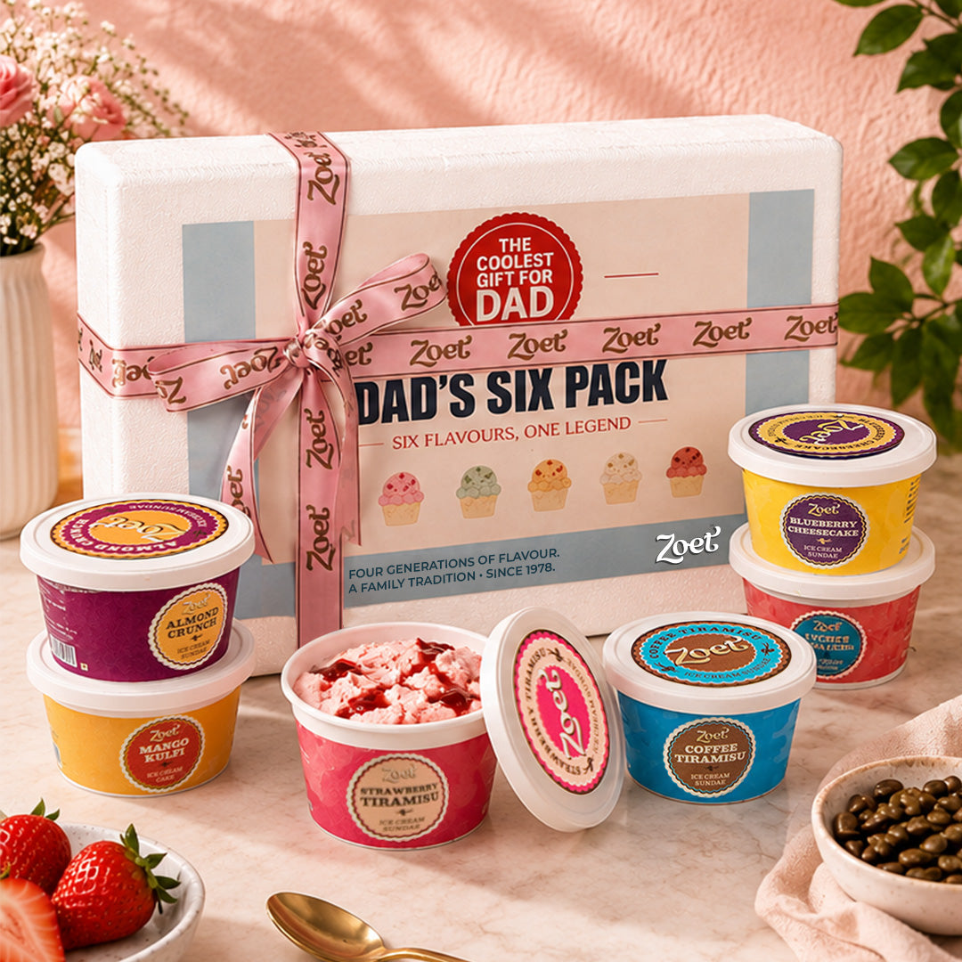 Zoet ice cream 'Dad's Six Pack' gift set with six individual containers. Father's Day Special Collection.